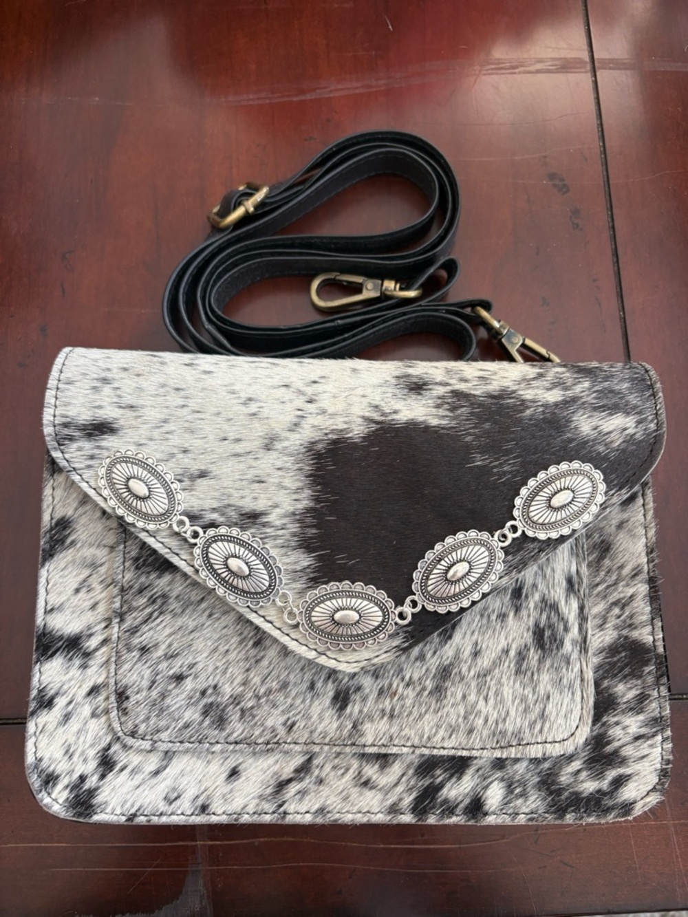 Cowhide Crossbody Bag with Concho Accent - Black & White